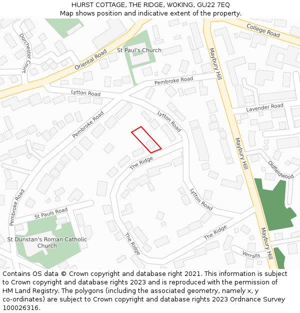 HURST COTTAGE, THE RIDGE, WOKING, GU22 7EQ: Location map and indicative extent of plot