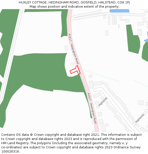 HUXLEY COTTAGE, HEDINGHAM ROAD, GOSFIELD, HALSTEAD, CO9 1PJ: Location map and indicative extent of plot