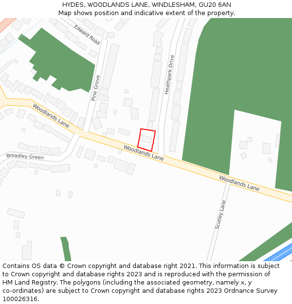 HYDES, WOODLANDS LANE, WINDLESHAM, GU20 6AN: Location map and indicative extent of plot