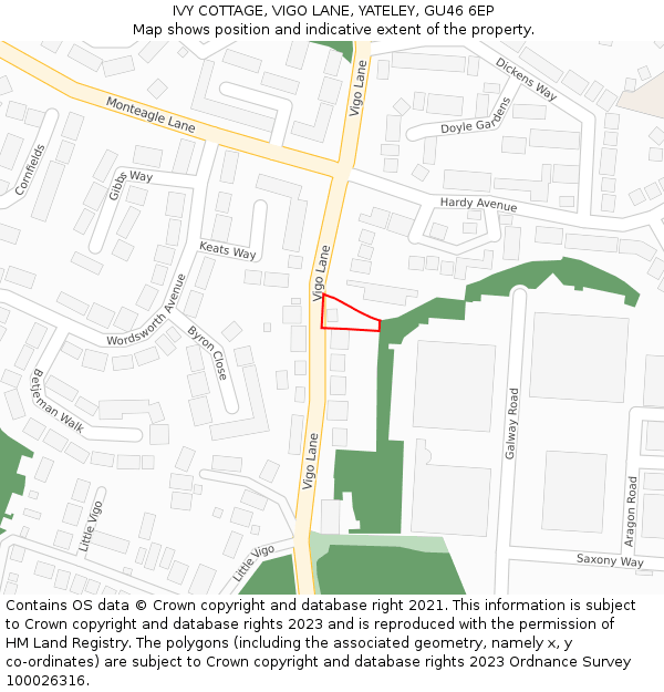 IVY COTTAGE, VIGO LANE, YATELEY, GU46 6EP: Location map and indicative extent of plot