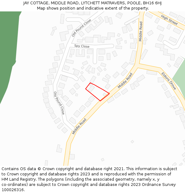 JAY COTTAGE, MIDDLE ROAD, LYTCHETT MATRAVERS, POOLE, BH16 6HJ: Location map and indicative extent of plot