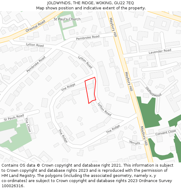 JOLDWYNDS, THE RIDGE, WOKING, GU22 7EQ: Location map and indicative extent of plot