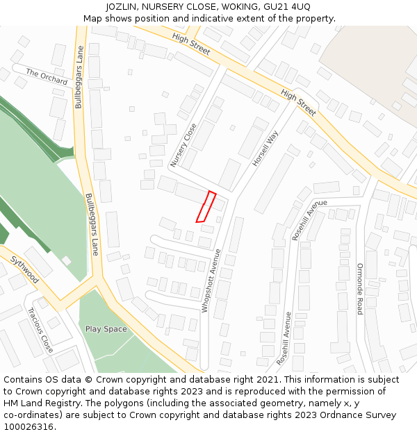 JOZLIN, NURSERY CLOSE, WOKING, GU21 4UQ: Location map and indicative extent of plot