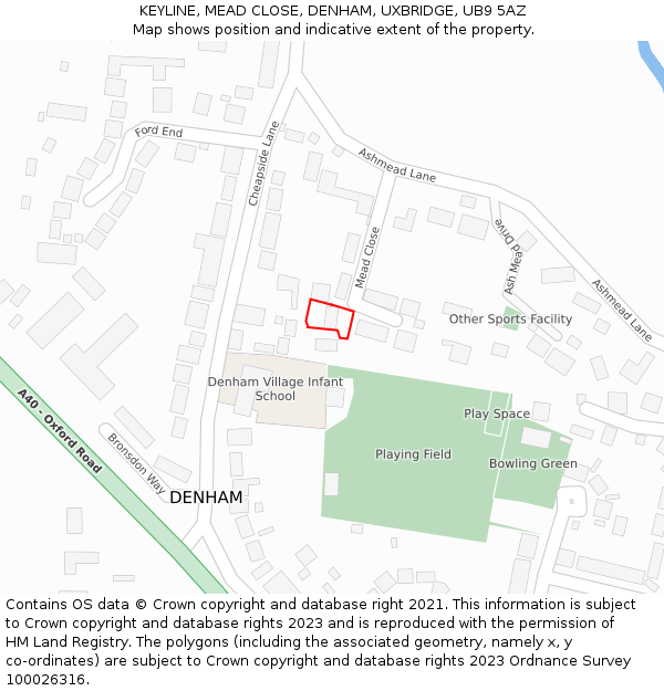 KEYLINE, MEAD CLOSE, DENHAM, UXBRIDGE, UB9 5AZ: Location map and indicative extent of plot