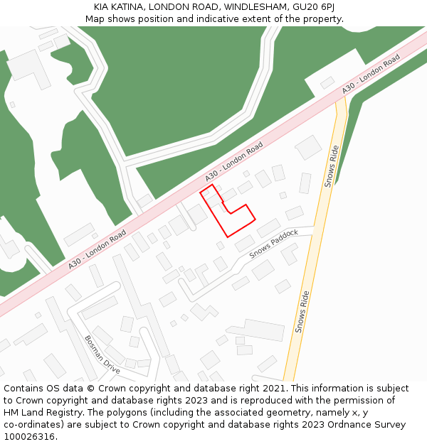 KIA KATINA, LONDON ROAD, WINDLESHAM, GU20 6PJ: Location map and indicative extent of plot