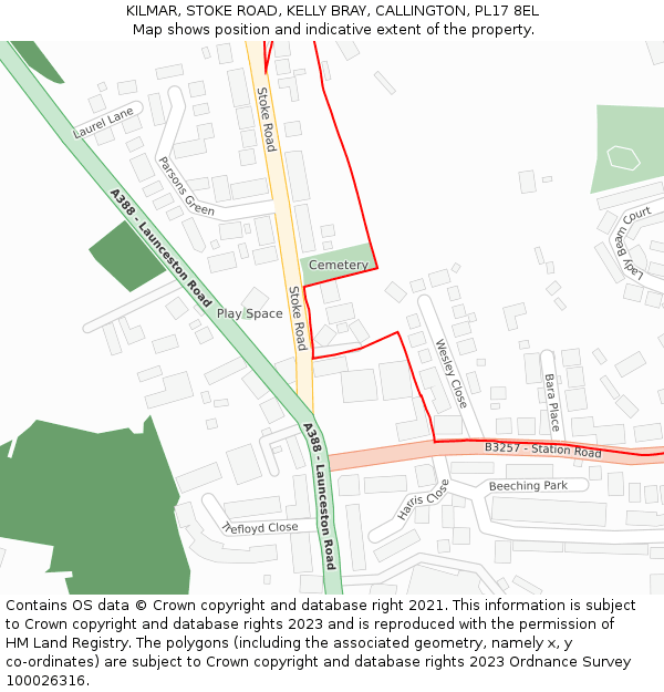KILMAR, STOKE ROAD, KELLY BRAY, CALLINGTON, PL17 8EL: Location map and indicative extent of plot