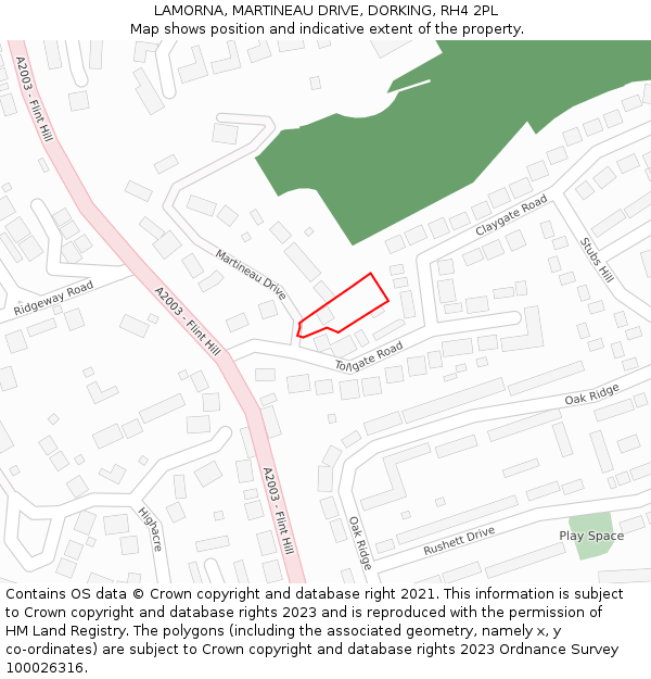 LAMORNA, MARTINEAU DRIVE, DORKING, RH4 2PL: Location map and indicative extent of plot