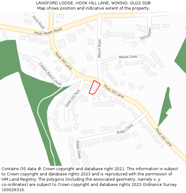 LANGFORD LODGE, HOOK HILL LANE, WOKING, GU22 0QB: Location map and indicative extent of plot