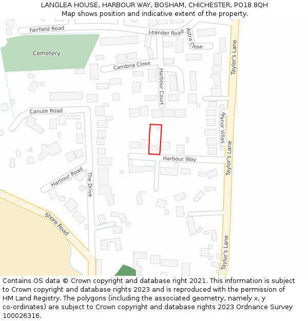 LANGLEA HOUSE, HARBOUR WAY, BOSHAM, CHICHESTER, PO18 8QH: Location map and indicative extent of plot