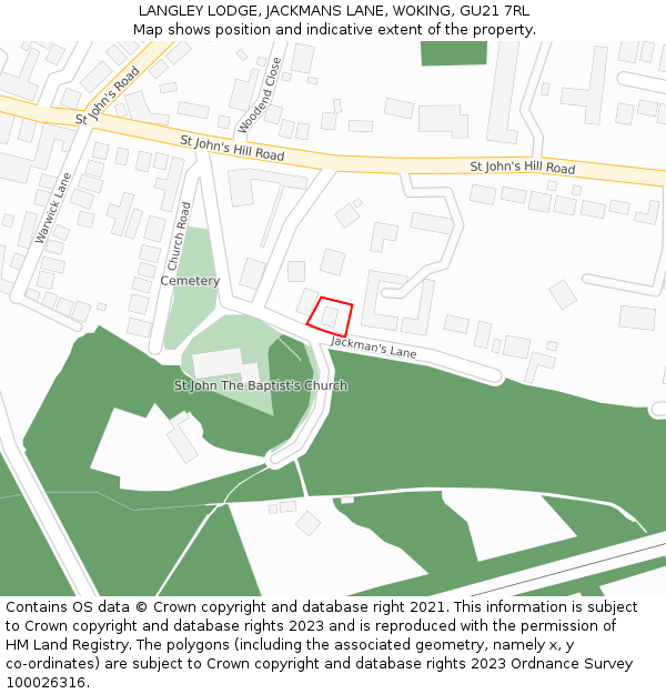 LANGLEY LODGE, JACKMANS LANE, WOKING, GU21 7RL: Location map and indicative extent of plot