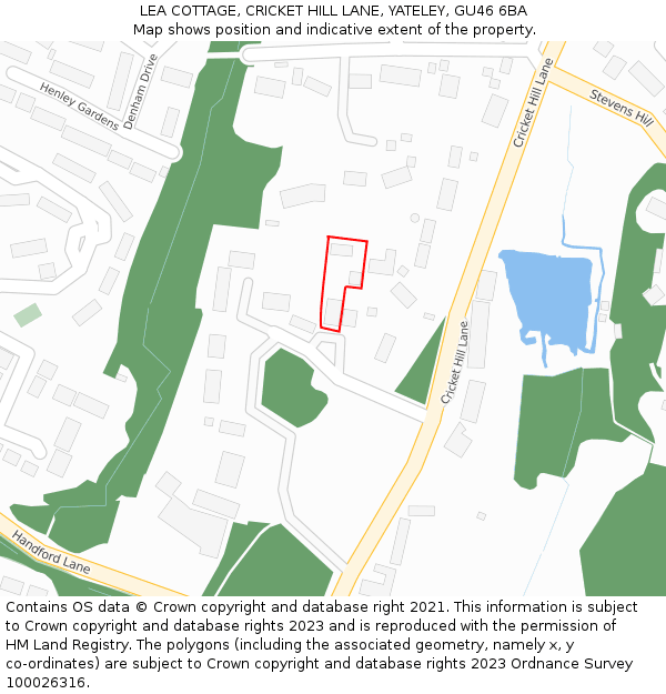 LEA COTTAGE, CRICKET HILL LANE, YATELEY, GU46 6BA: Location map and indicative extent of plot