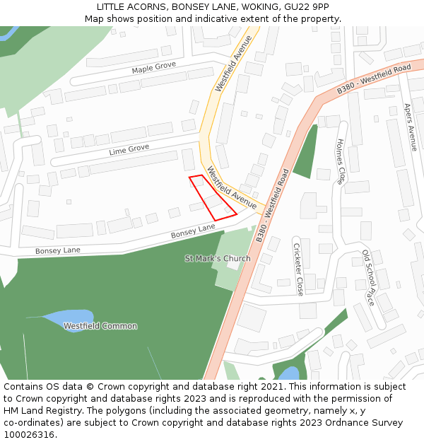 LITTLE ACORNS, BONSEY LANE, WOKING, GU22 9PP: Location map and indicative extent of plot