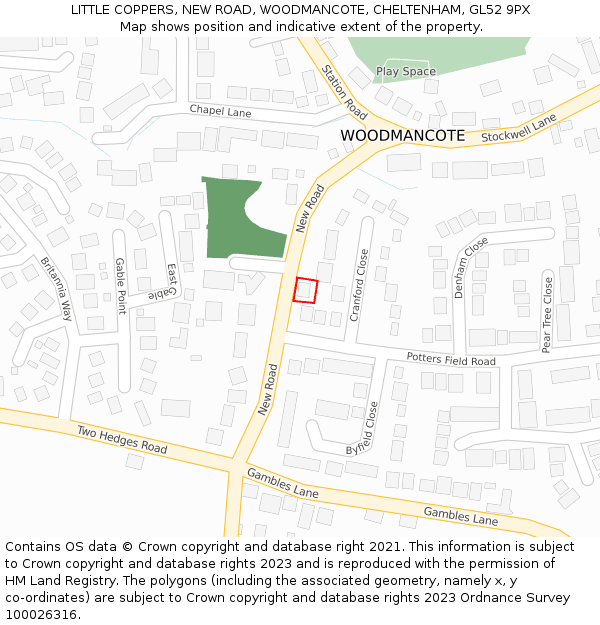 LITTLE COPPERS, NEW ROAD, WOODMANCOTE, CHELTENHAM, GL52 9PX: Location map and indicative extent of plot