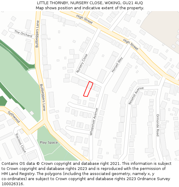 LITTLE THORNBY, NURSERY CLOSE, WOKING, GU21 4UQ: Location map and indicative extent of plot