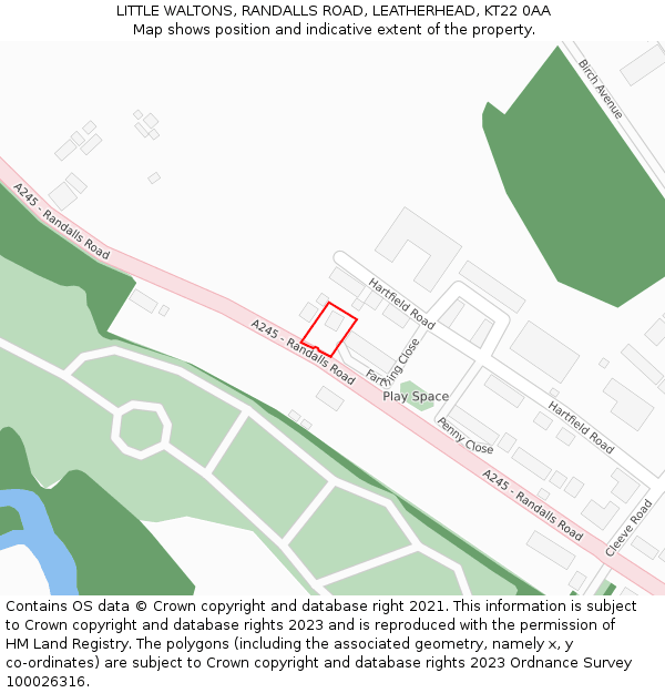 LITTLE WALTONS, RANDALLS ROAD, LEATHERHEAD, KT22 0AA: Location map and indicative extent of plot