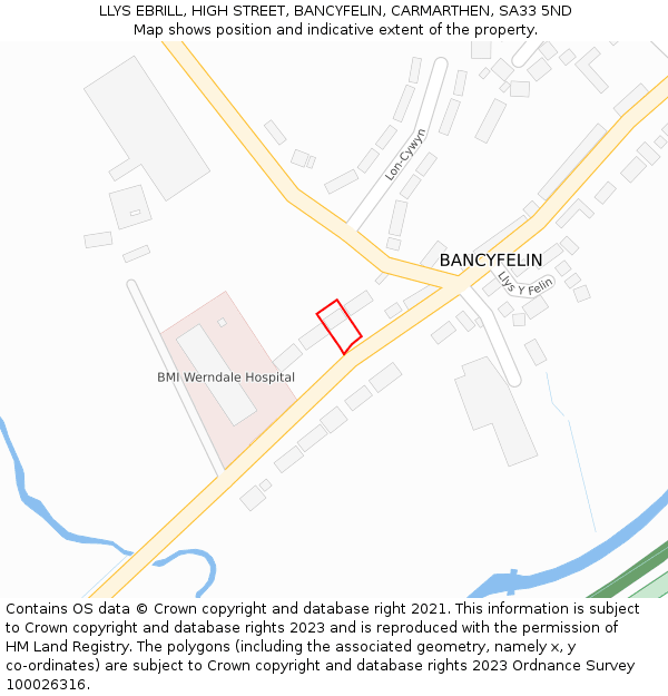 LLYS EBRILL, HIGH STREET, BANCYFELIN, CARMARTHEN, SA33 5ND: Location map and indicative extent of plot