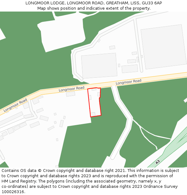 LONGMOOR LODGE, LONGMOOR ROAD, GREATHAM, LISS, GU33 6AP: Location map and indicative extent of plot