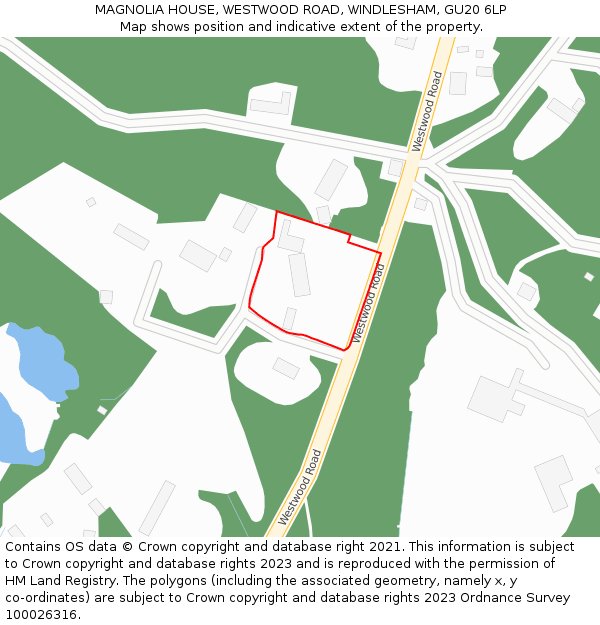 MAGNOLIA HOUSE, WESTWOOD ROAD, WINDLESHAM, GU20 6LP: Location map and indicative extent of plot