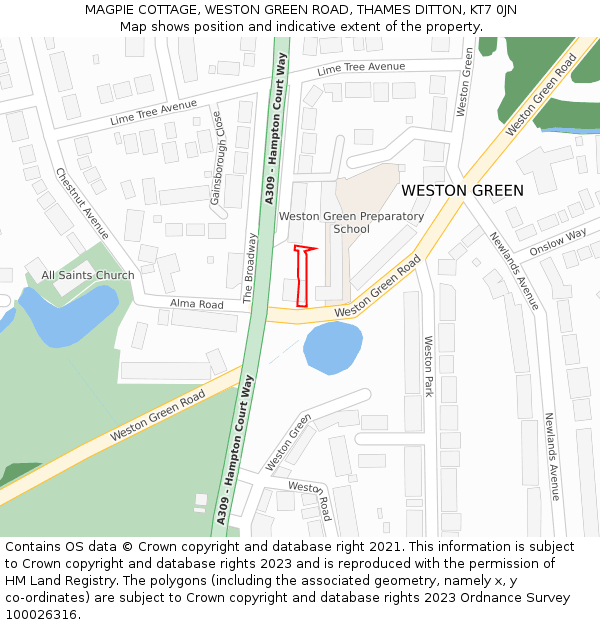 MAGPIE COTTAGE, WESTON GREEN ROAD, THAMES DITTON, KT7 0JN: Location map and indicative extent of plot