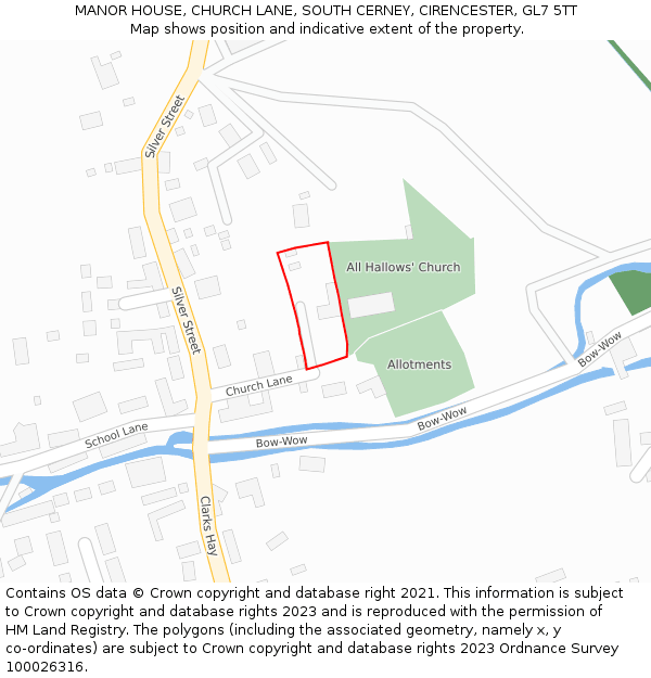 MANOR HOUSE, CHURCH LANE, SOUTH CERNEY, CIRENCESTER, GL7 5TT: Location map and indicative extent of plot