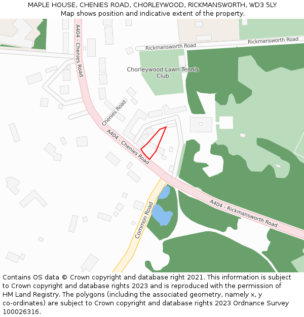 MAPLE HOUSE, CHENIES ROAD, CHORLEYWOOD, RICKMANSWORTH, WD3 5LY: Location map and indicative extent of plot