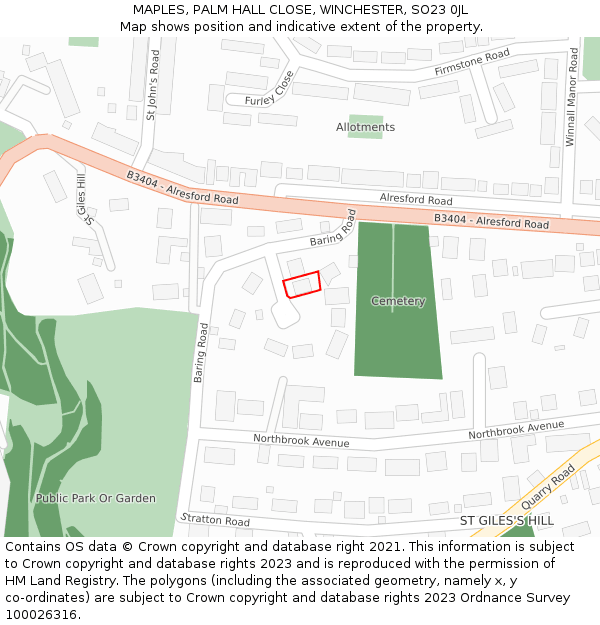 MAPLES, PALM HALL CLOSE, WINCHESTER, SO23 0JL: Location map and indicative extent of plot