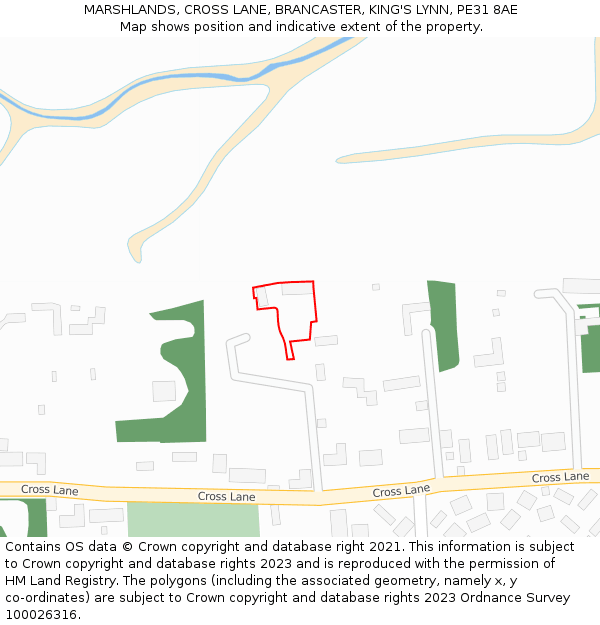 MARSHLANDS, CROSS LANE, BRANCASTER, KING'S LYNN, PE31 8AE: Location map and indicative extent of plot