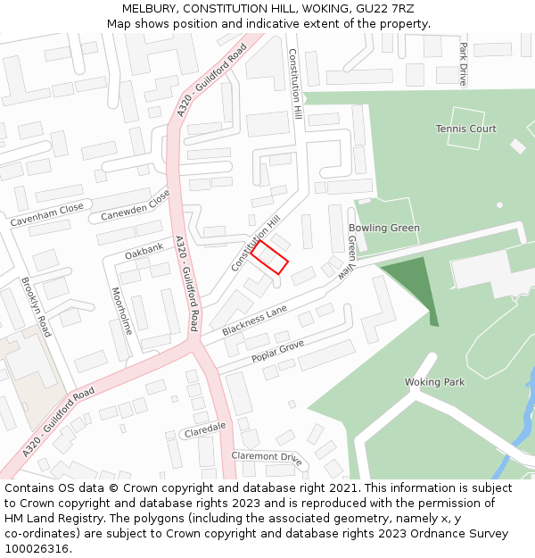 MELBURY, CONSTITUTION HILL, WOKING, GU22 7RZ: Location map and indicative extent of plot