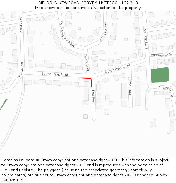 MELDOLA, KEW ROAD, FORMBY, LIVERPOOL, L37 2HB: Location map and indicative extent of plot