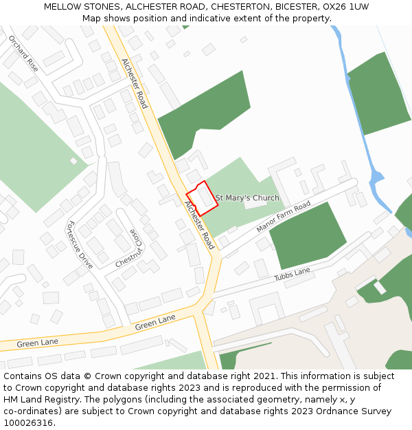 MELLOW STONES, ALCHESTER ROAD, CHESTERTON, BICESTER, OX26 1UW: Location map and indicative extent of plot