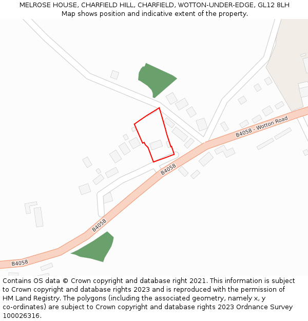 MELROSE HOUSE, CHARFIELD HILL, CHARFIELD, WOTTON-UNDER-EDGE, GL12 8LH: Location map and indicative extent of plot