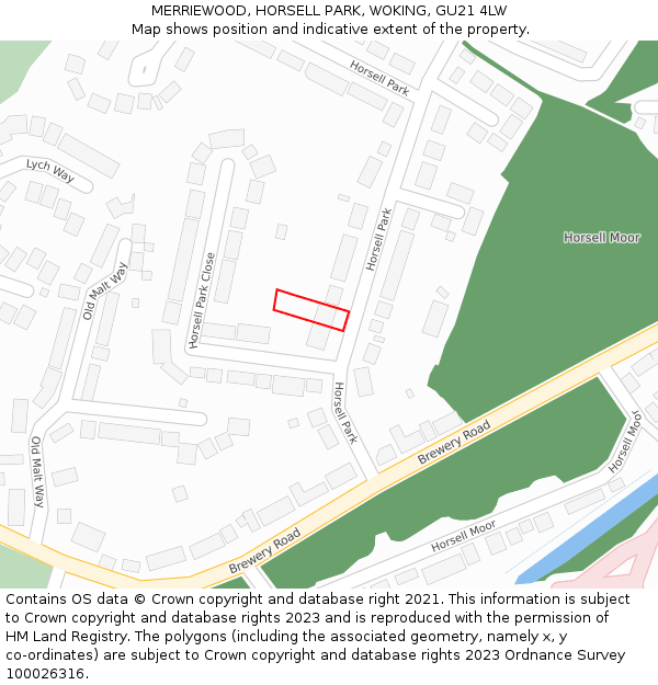 MERRIEWOOD, HORSELL PARK, WOKING, GU21 4LW: Location map and indicative extent of plot