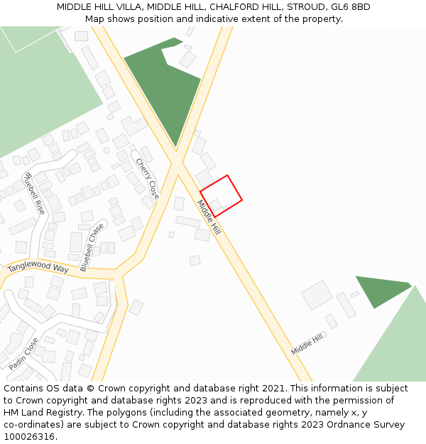 MIDDLE HILL VILLA, MIDDLE HILL, CHALFORD HILL, STROUD, GL6 8BD: Location map and indicative extent of plot