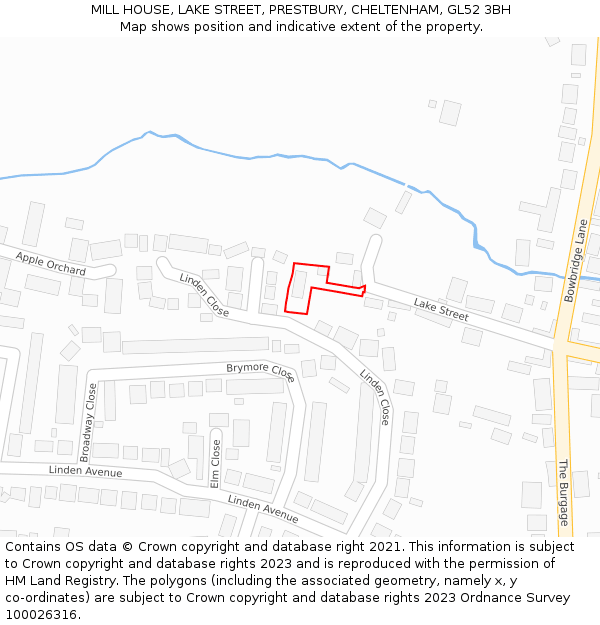 MILL HOUSE, LAKE STREET, PRESTBURY, CHELTENHAM, GL52 3BH: Location map and indicative extent of plot