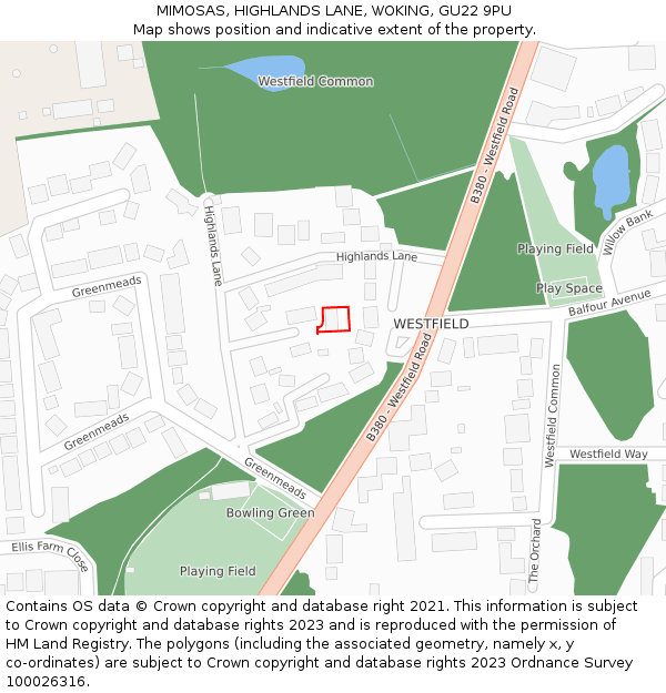 MIMOSAS, HIGHLANDS LANE, WOKING, GU22 9PU: Location map and indicative extent of plot