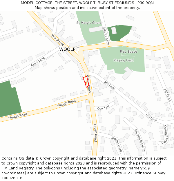 MODEL COTTAGE, THE STREET, WOOLPIT, BURY ST EDMUNDS, IP30 9QN: Location map and indicative extent of plot
