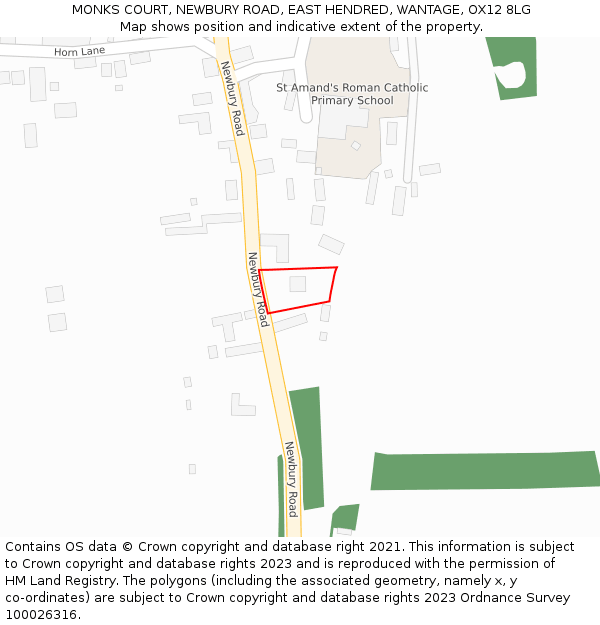 MONKS COURT, NEWBURY ROAD, EAST HENDRED, WANTAGE, OX12 8LG: Location map and indicative extent of plot