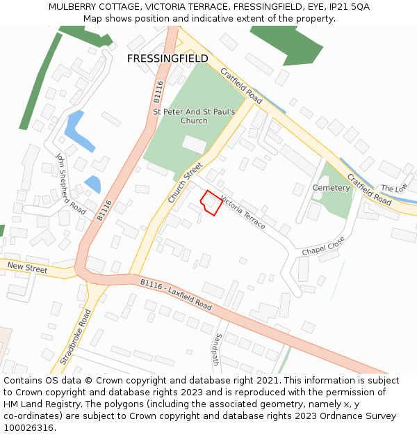 MULBERRY COTTAGE, VICTORIA TERRACE, FRESSINGFIELD, EYE, IP21 5QA: Location map and indicative extent of plot