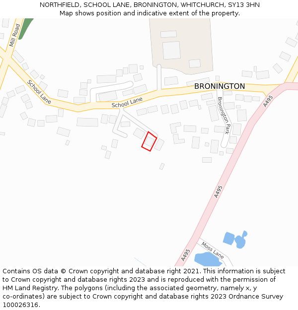 NORTHFIELD, SCHOOL LANE, BRONINGTON, WHITCHURCH, SY13 3HN: Location map and indicative extent of plot