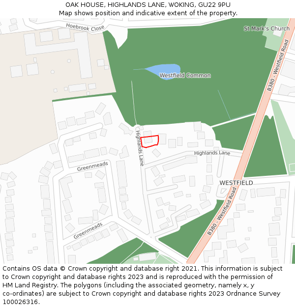 OAK HOUSE, HIGHLANDS LANE, WOKING, GU22 9PU: Location map and indicative extent of plot