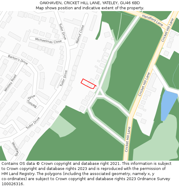 OAKHAVEN, CRICKET HILL LANE, YATELEY, GU46 6BD: Location map and indicative extent of plot