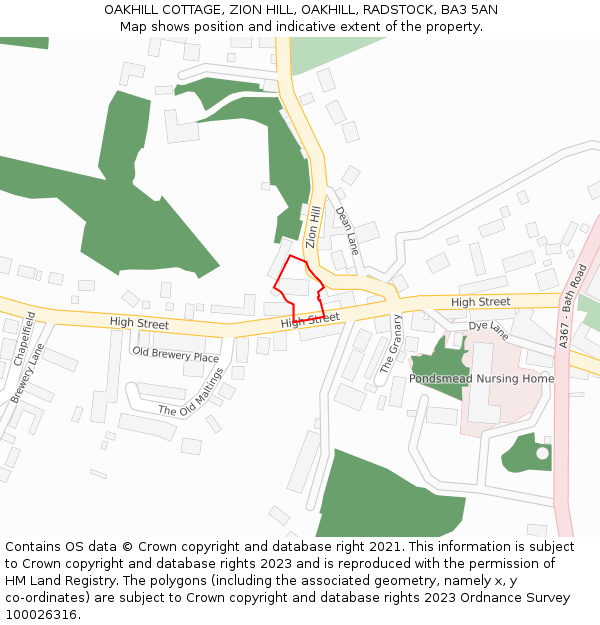 OAKHILL COTTAGE, ZION HILL, OAKHILL, RADSTOCK, BA3 5AN: Location map and indicative extent of plot