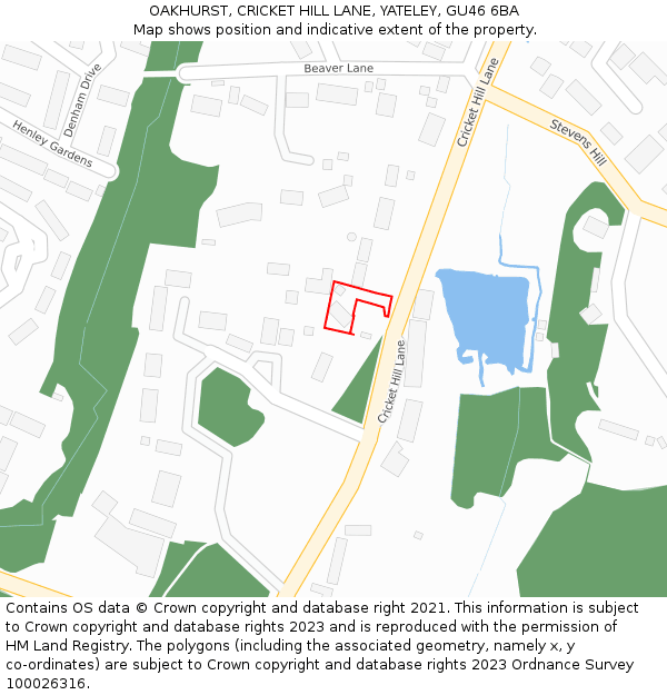 OAKHURST, CRICKET HILL LANE, YATELEY, GU46 6BA: Location map and indicative extent of plot