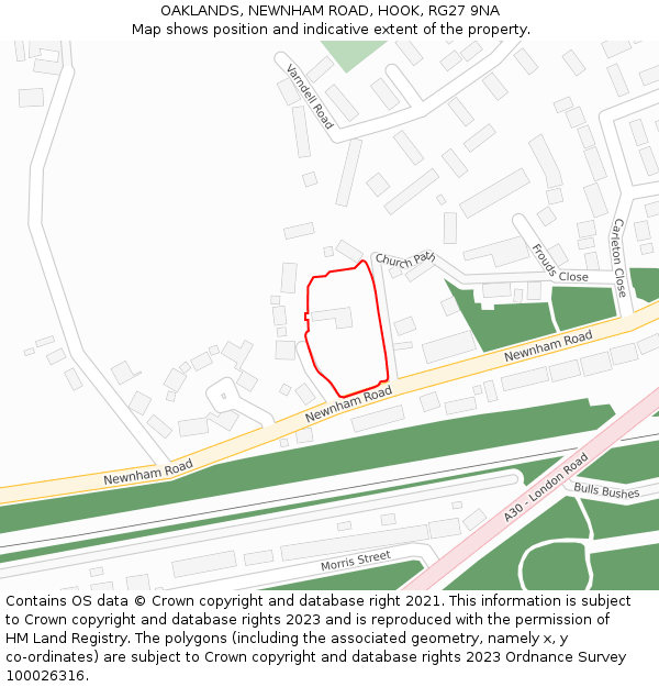 OAKLANDS, NEWNHAM ROAD, HOOK, RG27 9NA: Location map and indicative extent of plot