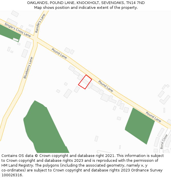 OAKLANDS, POUND LANE, KNOCKHOLT, SEVENOAKS, TN14 7ND: Location map and indicative extent of plot