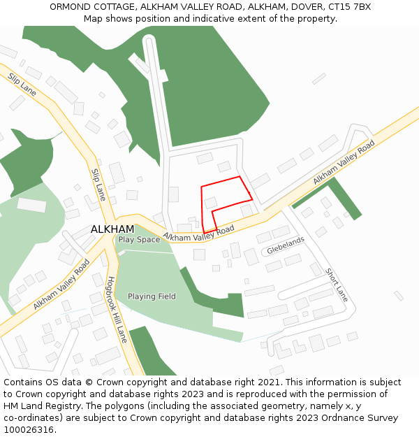 ORMOND COTTAGE, ALKHAM VALLEY ROAD, ALKHAM, DOVER, CT15 7BX: Location map and indicative extent of plot