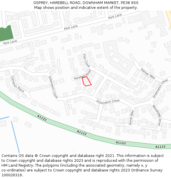 OSPREY, HAREBELL ROAD, DOWNHAM MARKET, PE38 9SS: Location map and indicative extent of plot