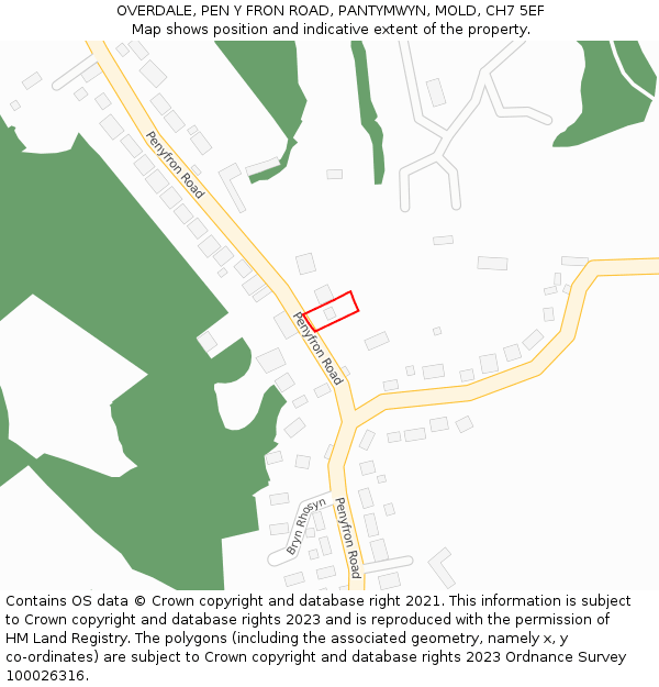 OVERDALE, PEN Y FRON ROAD, PANTYMWYN, MOLD, CH7 5EF: Location map and indicative extent of plot