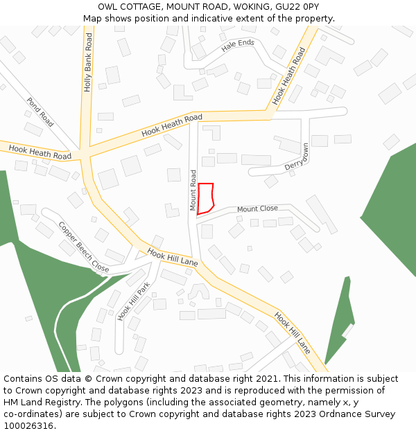 OWL COTTAGE, MOUNT ROAD, WOKING, GU22 0PY: Location map and indicative extent of plot