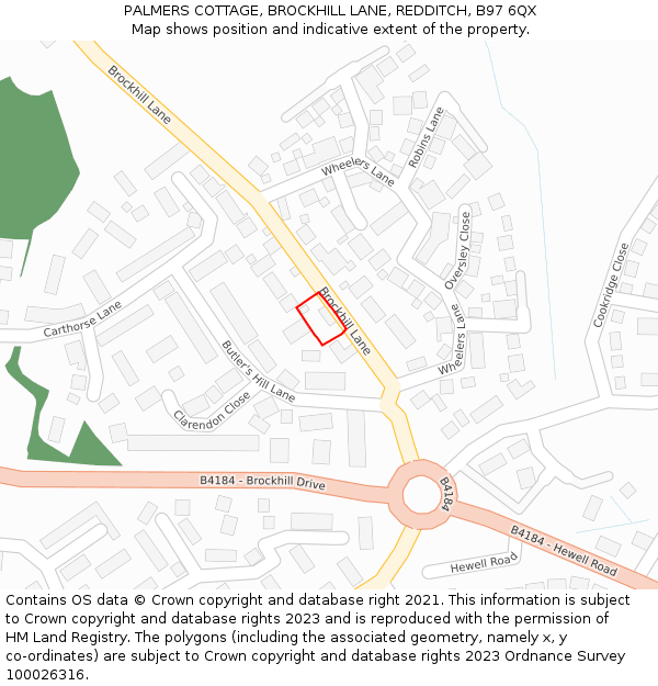 PALMERS COTTAGE, BROCKHILL LANE, REDDITCH, B97 6QX: Location map and indicative extent of plot